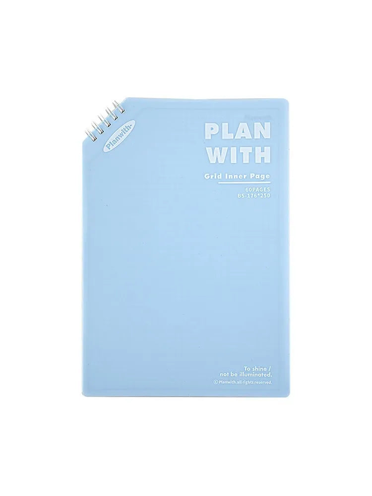 Oblique Angle Book series artsy notebook in A5 and B5 sizes with plaid blue or white covers.