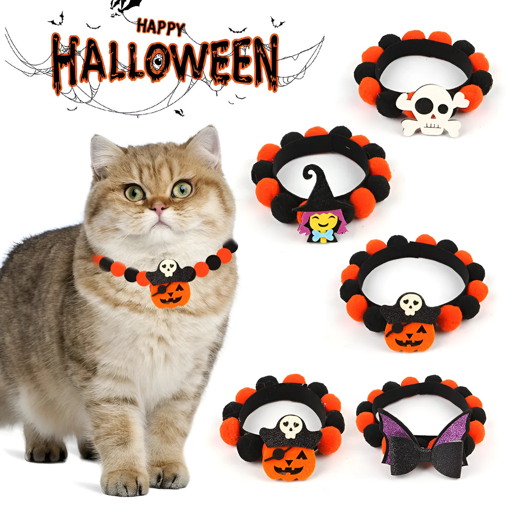 Halloween pet collar with fur ball pumpkin decoration in six colour and theme variations