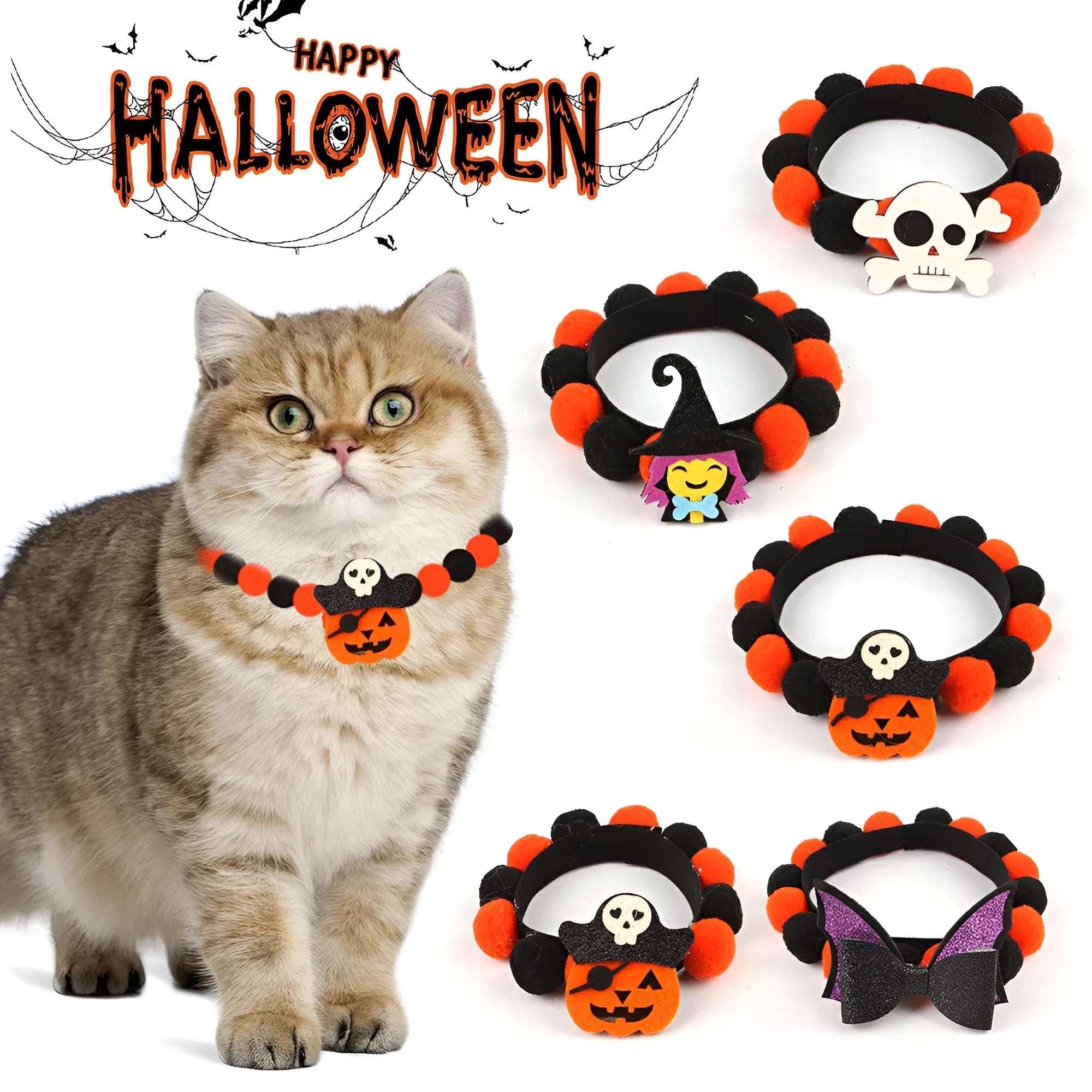 Halloween pet collar with fur ball pumpkin decoration in six colour and theme variations