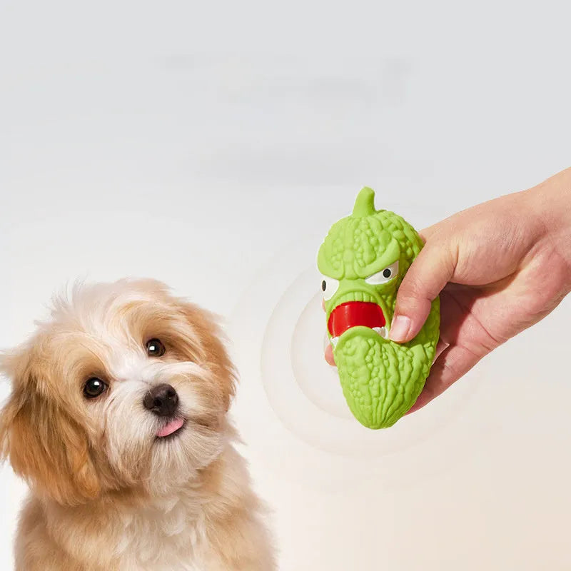 Bitter melon and chilli shaped dog toy with textured teeth cleaning surfaces and sound effects