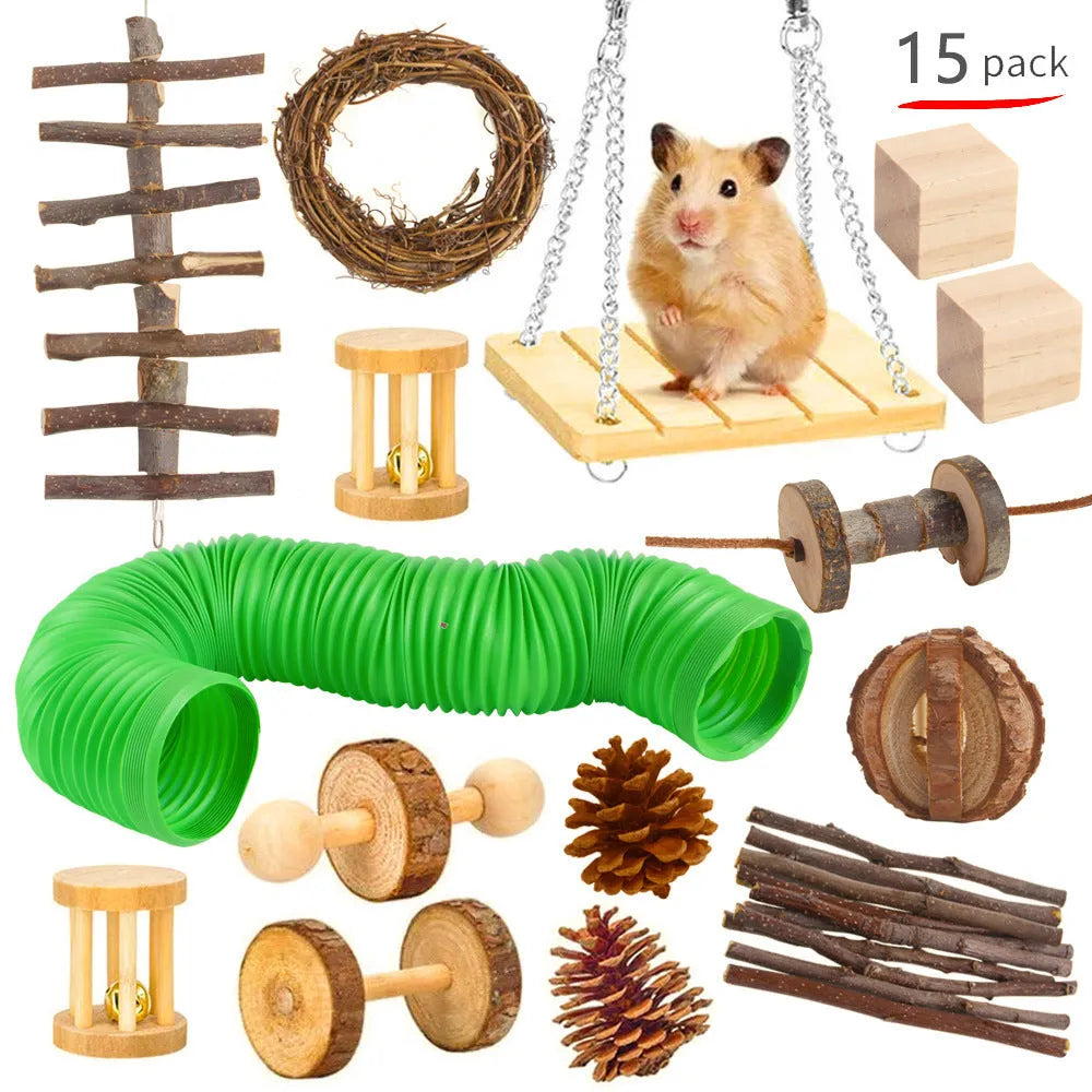 Assorted wooden chew toys for small pets including balls and mats on a natural background