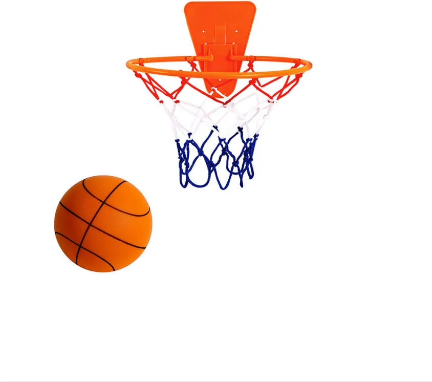 Silent high-density foam basketball in assorted bright colours showing bounce height and size comparison