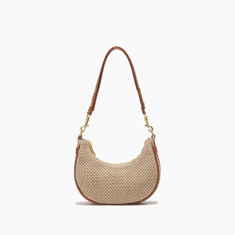 Straw all-match shoulder underarm bag women's niche messenger bag PU brown colour horizontal square shape sewing thread detail