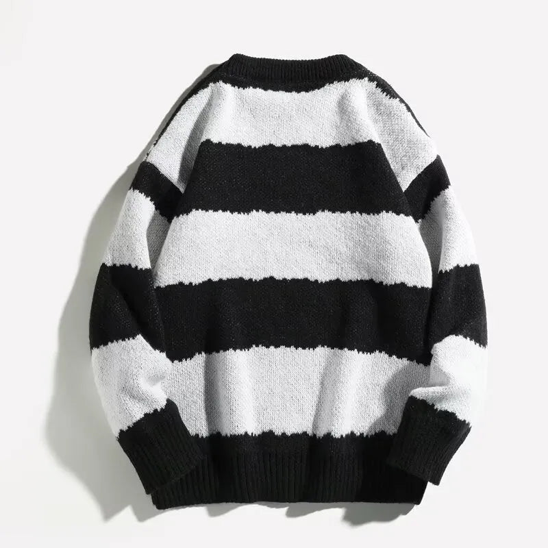 Men's winter contrast stripe round neck pullover sweater in loose fit, polyester blend, colour 2307 Black