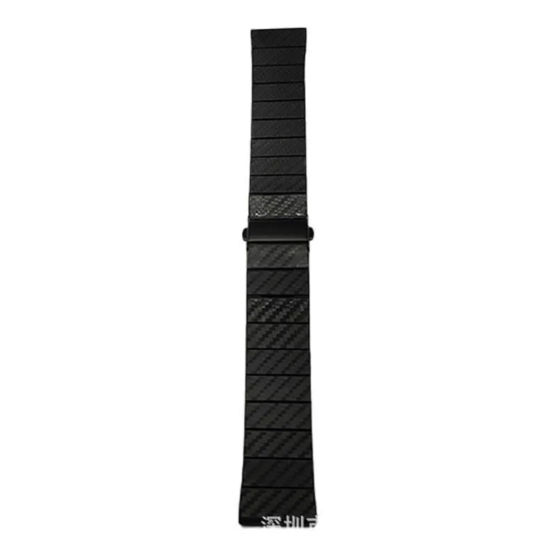 Black carbon fiber watch band for Apple Watch showing chain links and metal clasp on a white background