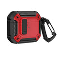 Two-tone clamshell protective case for Apple AirPods with a metal hook attached.