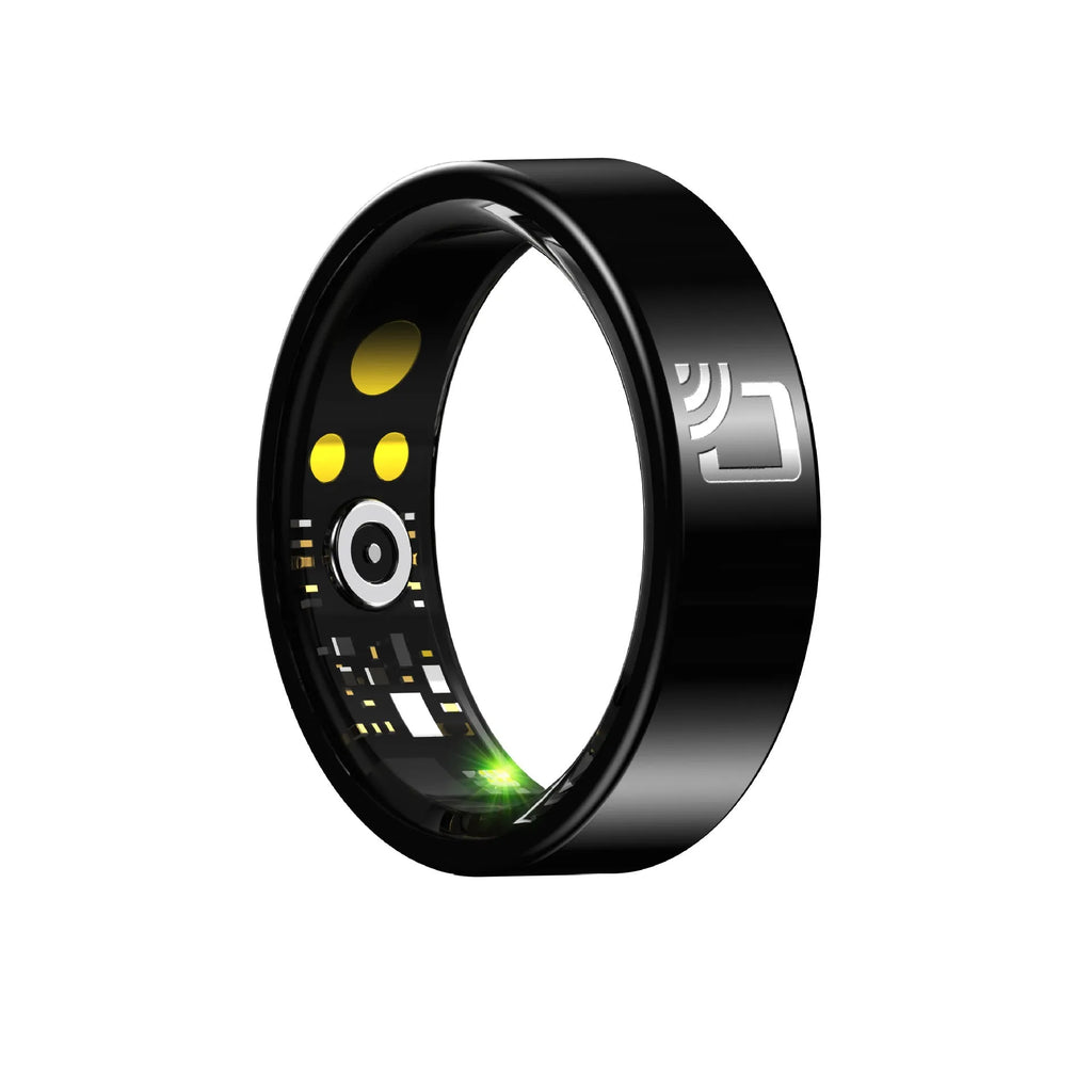 Black ceramic smart ring for heart rate, blood oxygen, and sleep monitoring on finger