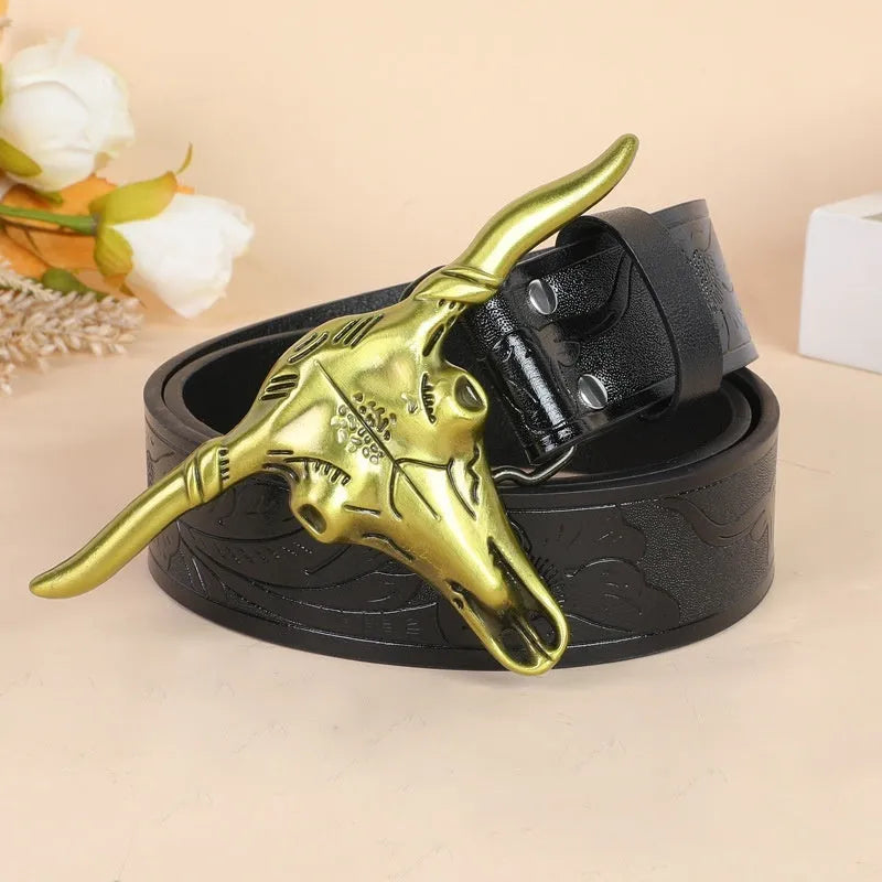 Men's imitation leather belt with cow head buckle design in black or brown colours