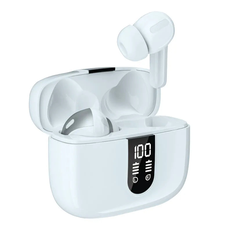 Jerry X08 wireless Bluetooth headset with digital display and charging case in Black, Grey, or White colour options