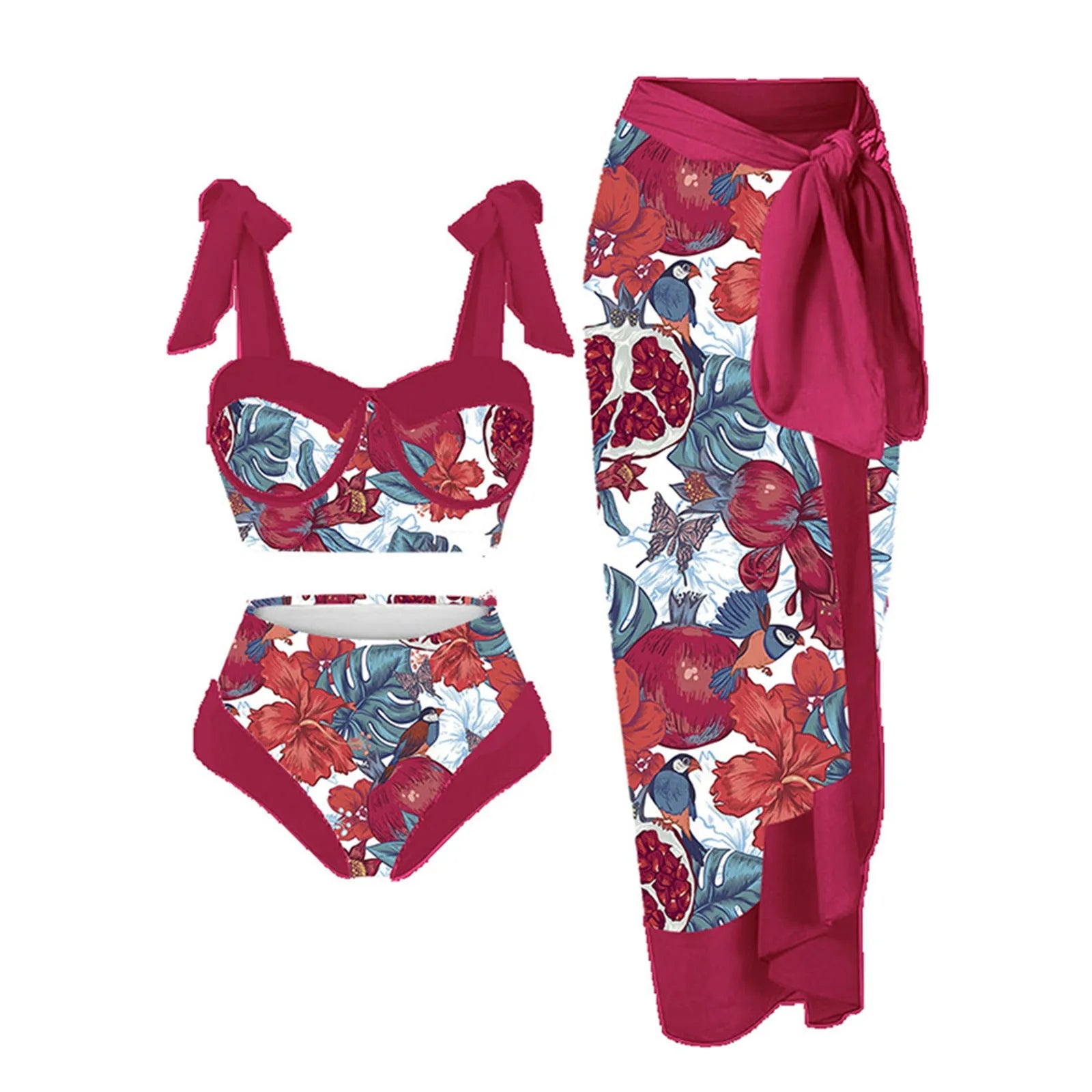 Women's printed three-piece swimming costume with bra, skirt and briefs in polyester fabric