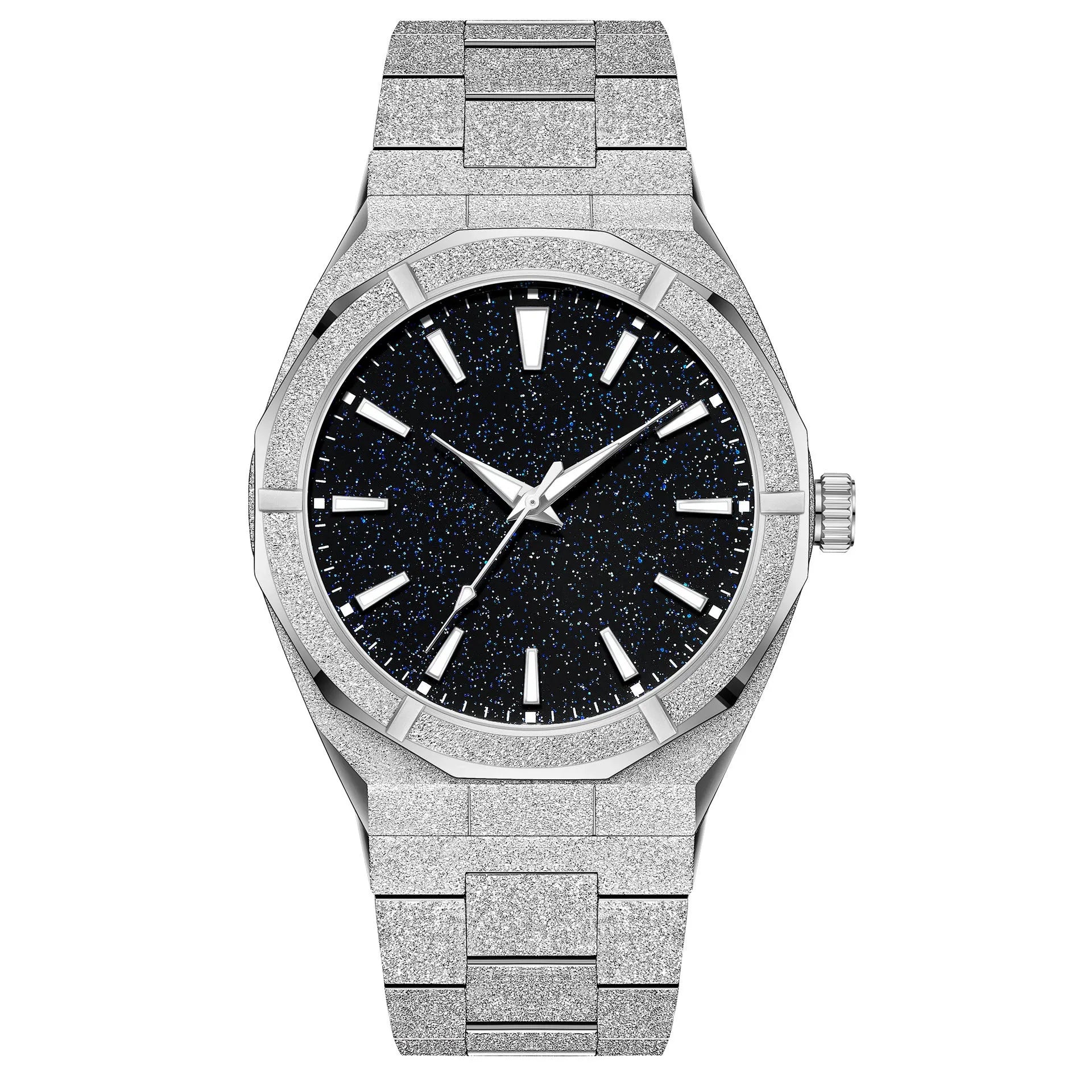 Stainless steel business watch with frosted case and luminous markers in silver, gold or black
