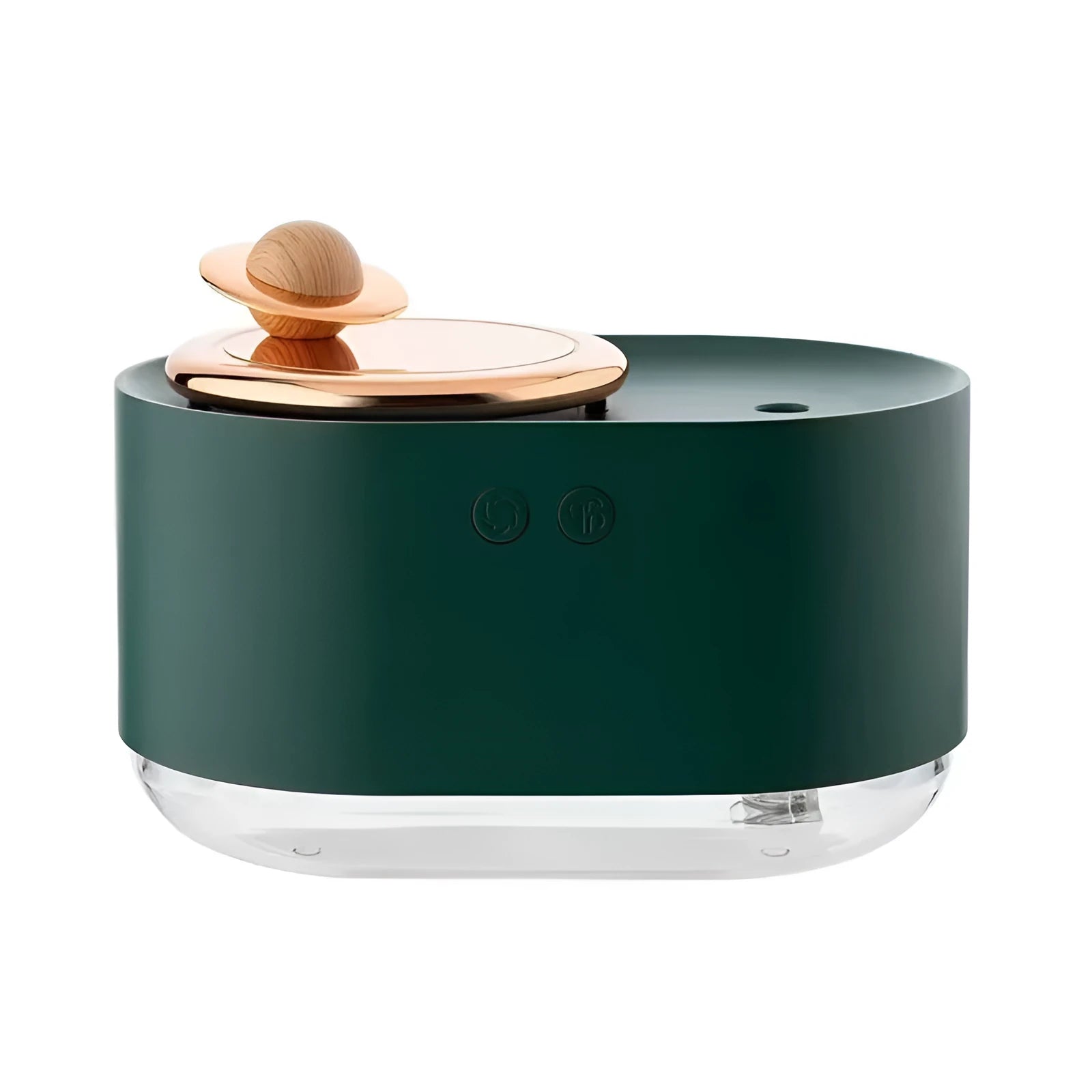 Green rotating planet USB portable humidifier with night light on a wooden desk.