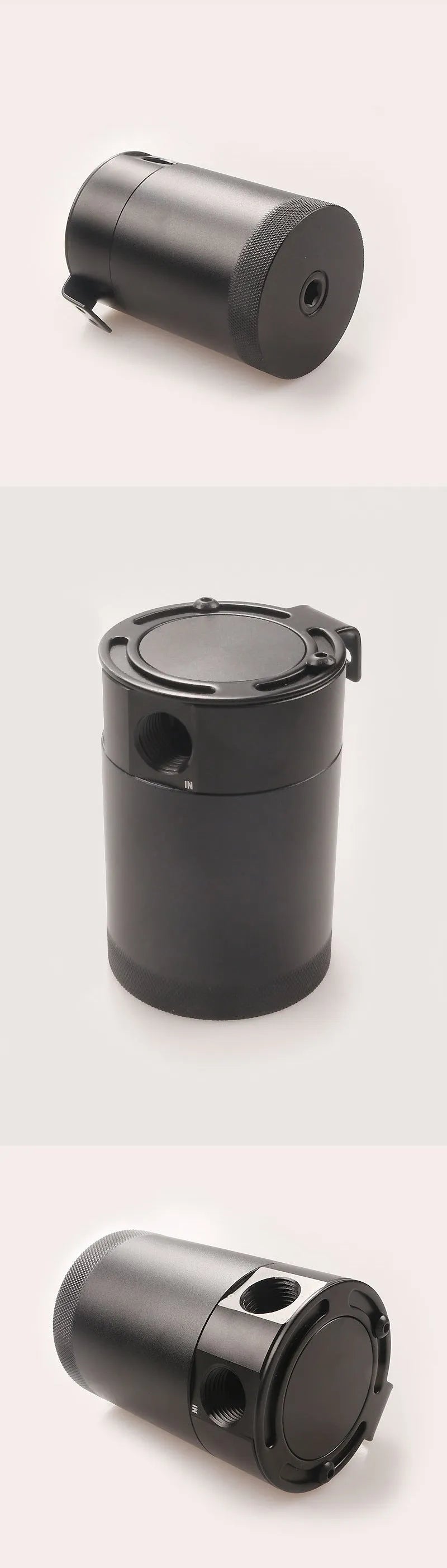 Black aluminium automotive oil pot with two connector holes and optional drain valve