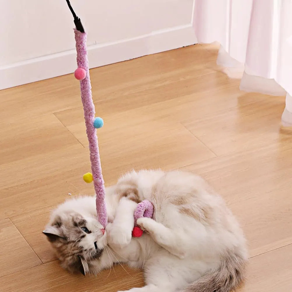 Cat wand toy with plush strip and colourful balls with bells for interactive feline play