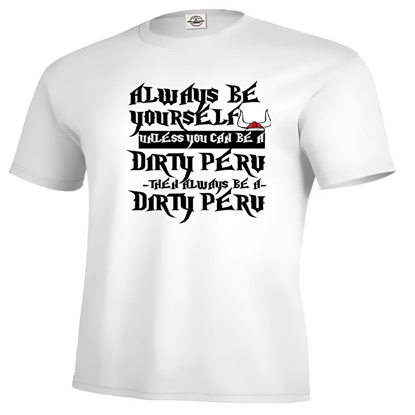 Men's white printed short sleeve polyester t-shirt on a hanger