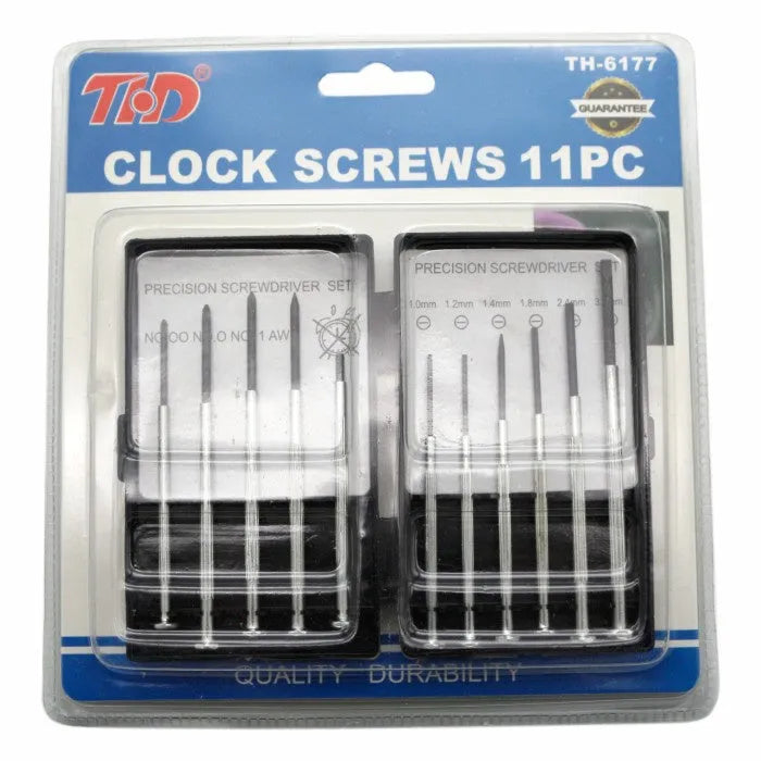 TH-6177 11-piece clock and electronics screwdriver set with cross and slotted bits on a white background.
