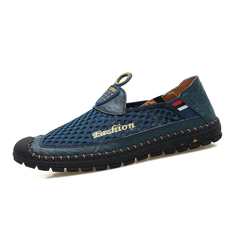 Men's brown breathable mesh casual shoes with round toe and rubber sole on a white background.