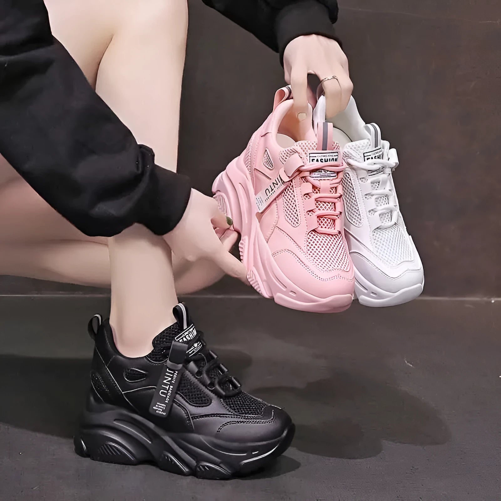 Men's black mesh platform casual shoes with TPR soles and hollow-out design details