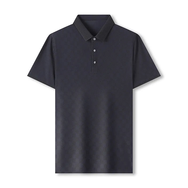 Black thin ice silk T-shirt with a rhombus pattern, short sleeves, and a side slit hem detail.