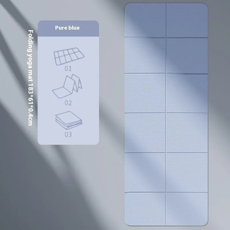 Folding purple TPE exercise mat showing six-fold design and non-slip surface texture