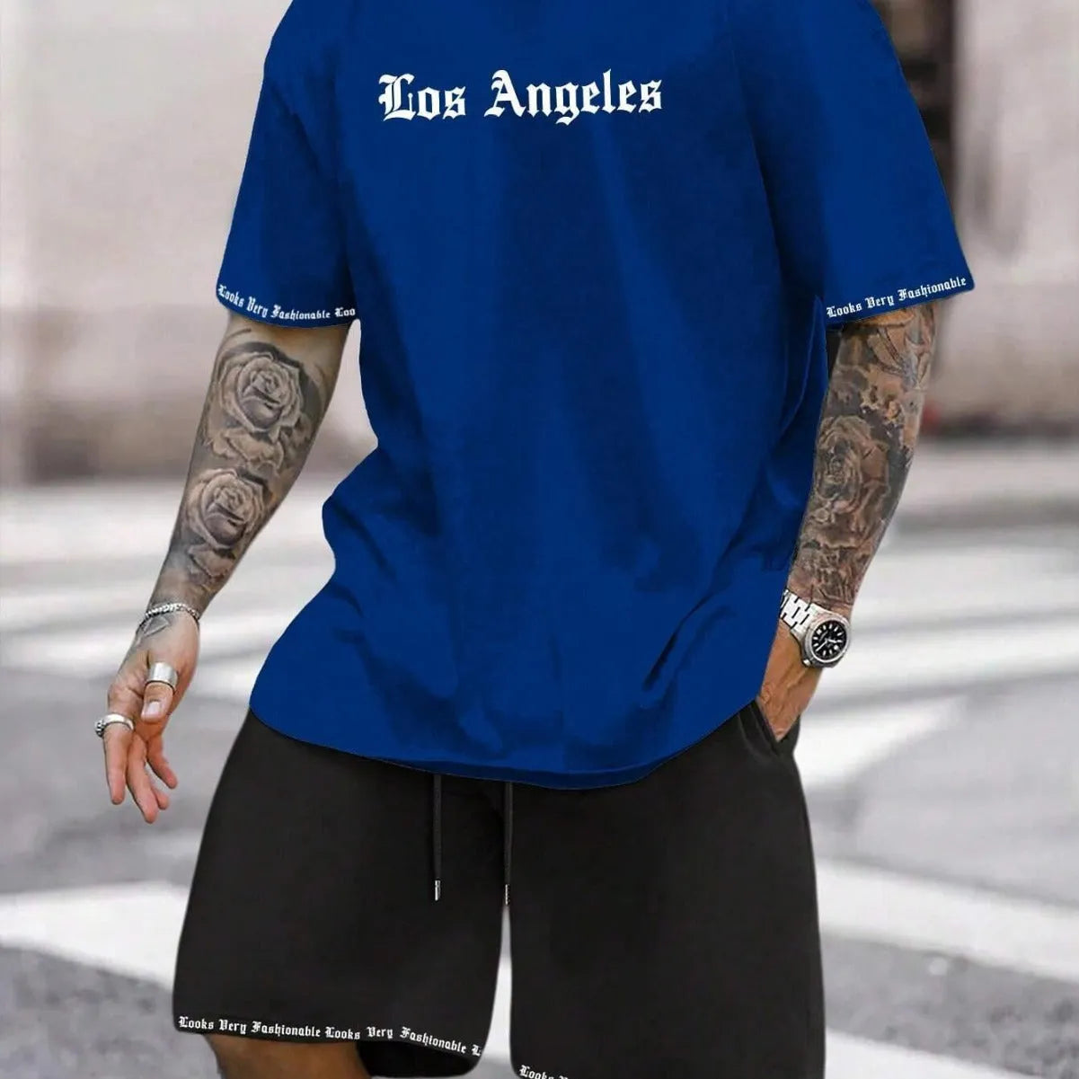 Men's printed polyester blend short sleeve top and matching shorts casual sports set