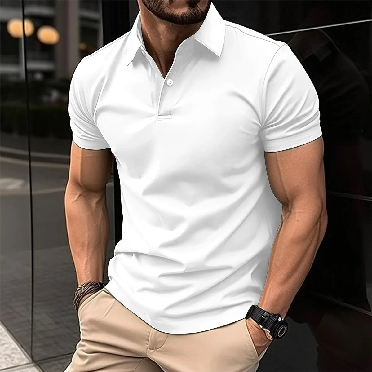 Men's solid colour short sleeve polo shirt with buttoned lapel collar on a hanger.