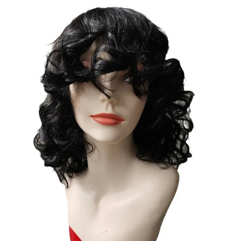 Black synthetic afro wig with long curly African style texture on display
