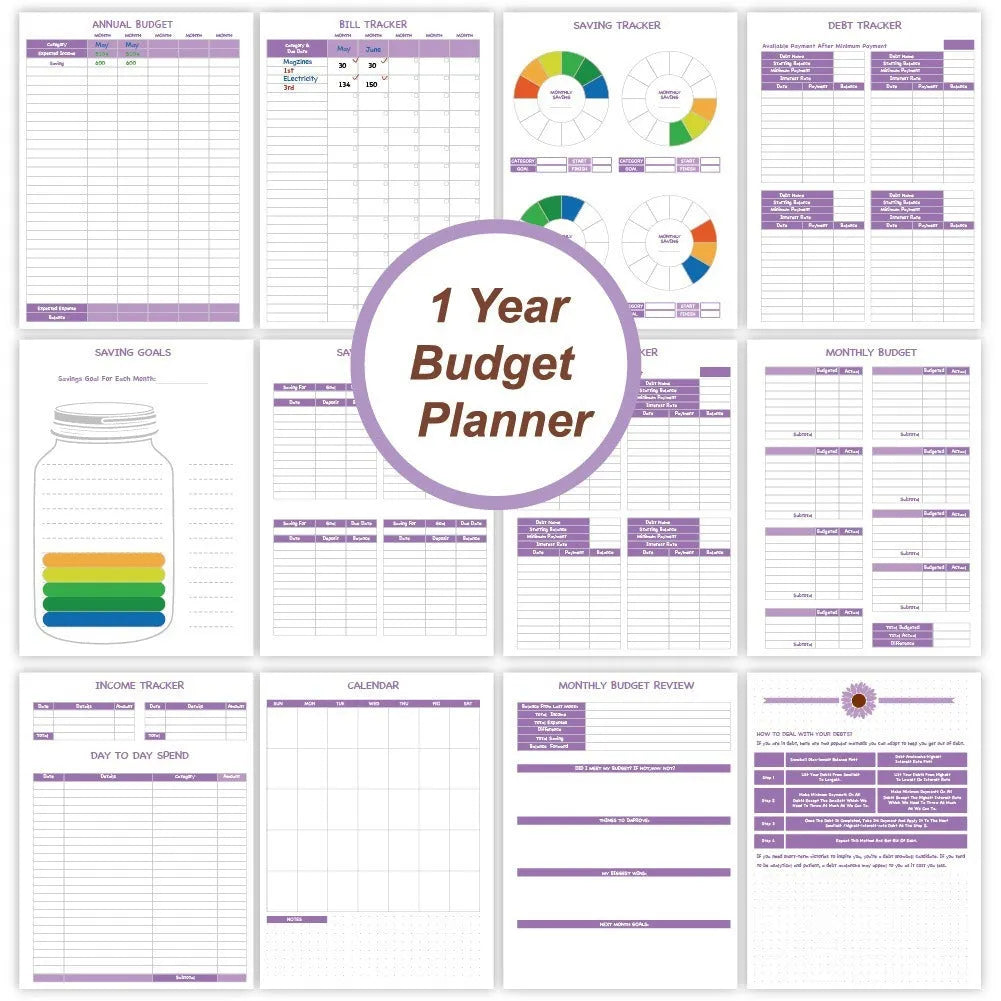 A5 purple budget notebook with coil binding, stickers, pen, and paper clips for financial planning