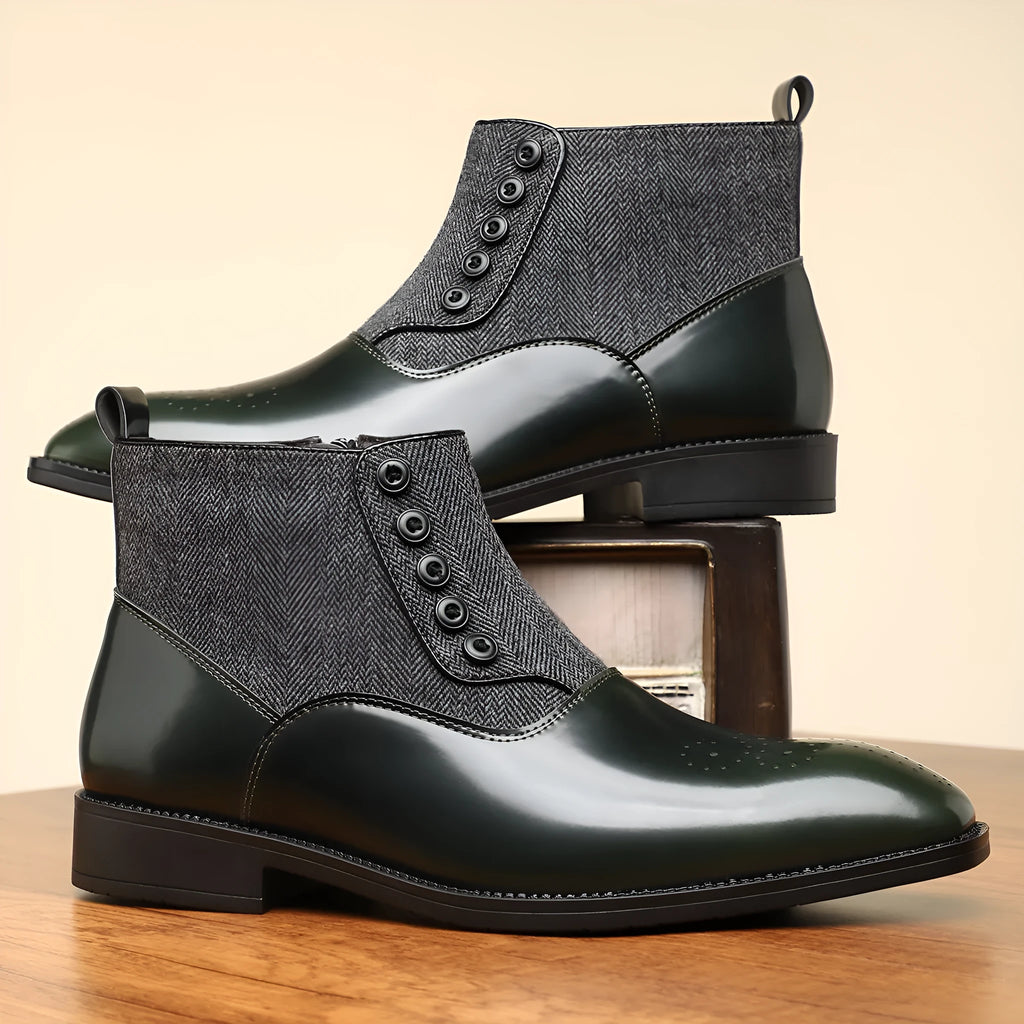Men's brown retro formal shoes with side zipper and square toe on a rubber sole.
