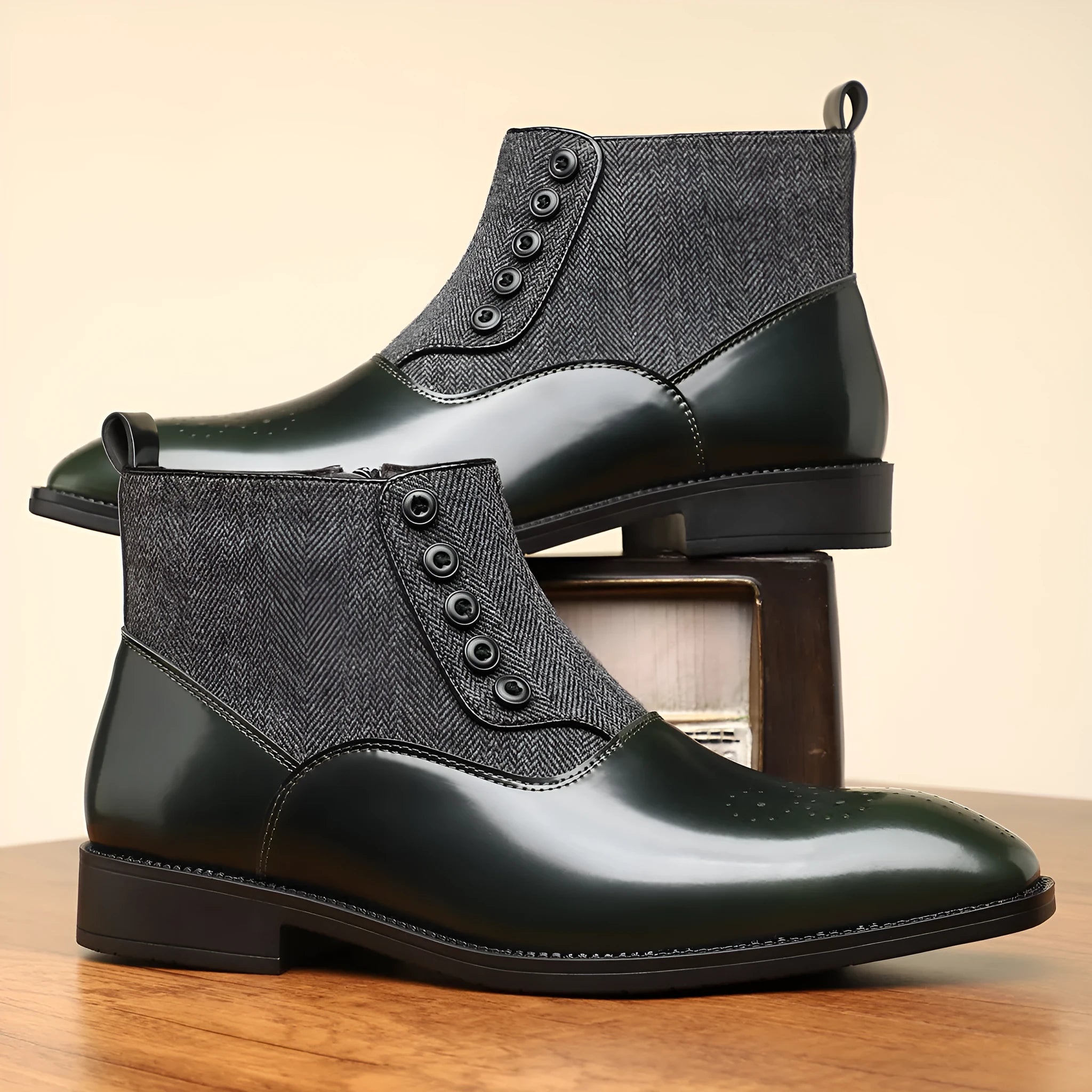 Men's brown retro formal shoes with side zipper and square toe on a rubber sole.
