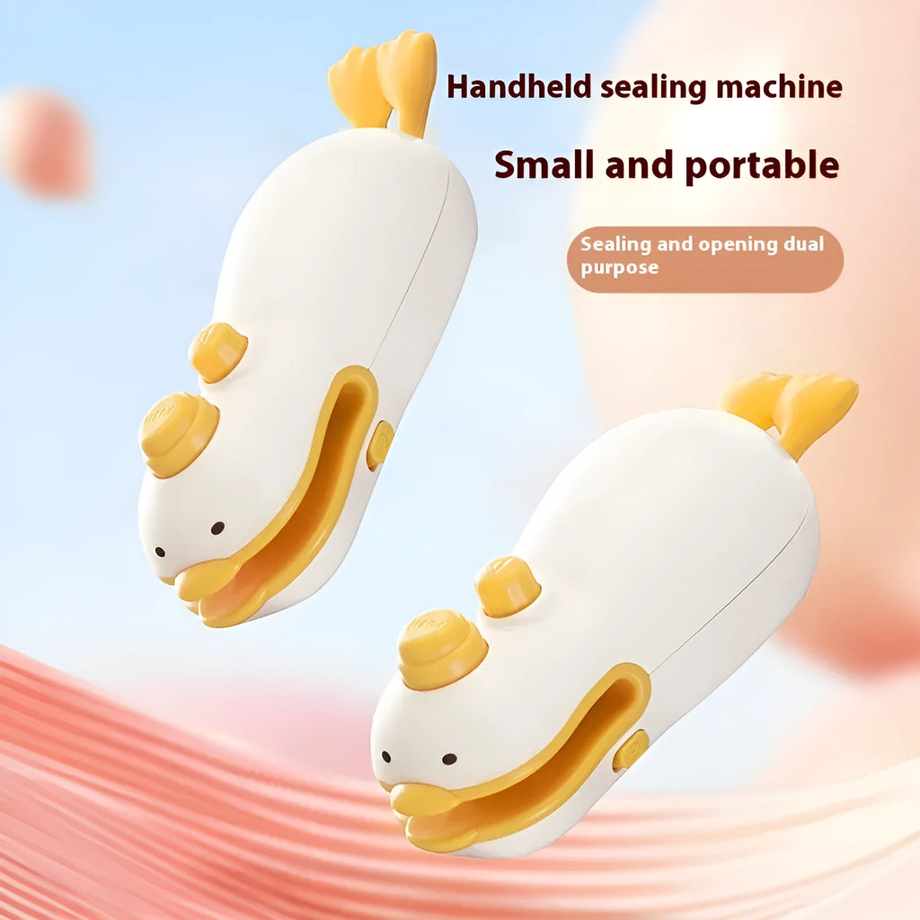 Yellow rechargeable handheld sealing machine with small duck design on animal jacquard casing.
