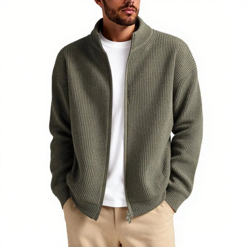 Loose-fit grey men's cardigan sweater on a hanger, front view.