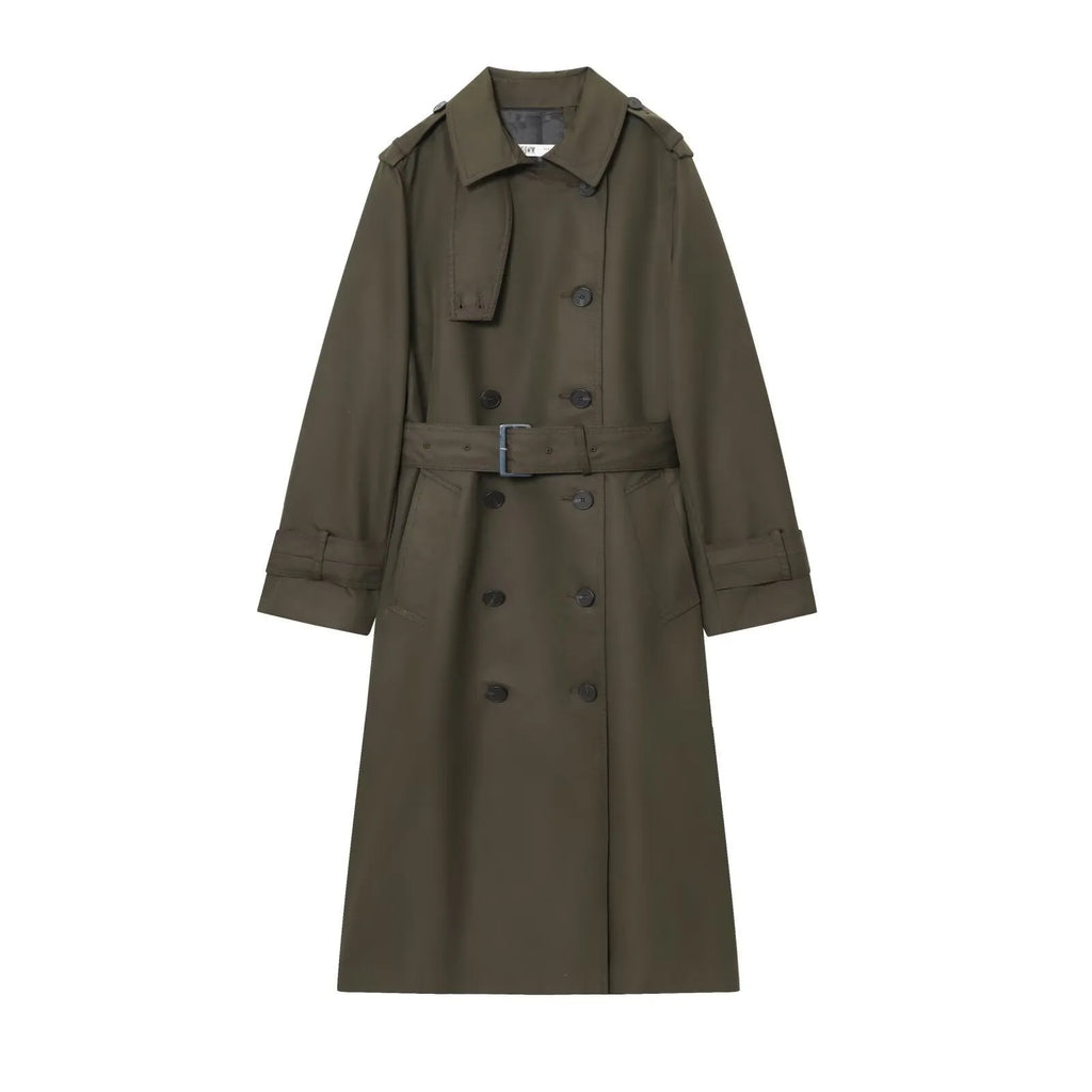 Women's long double breasted trench coat in khaki with drawstring waist and long sleeves