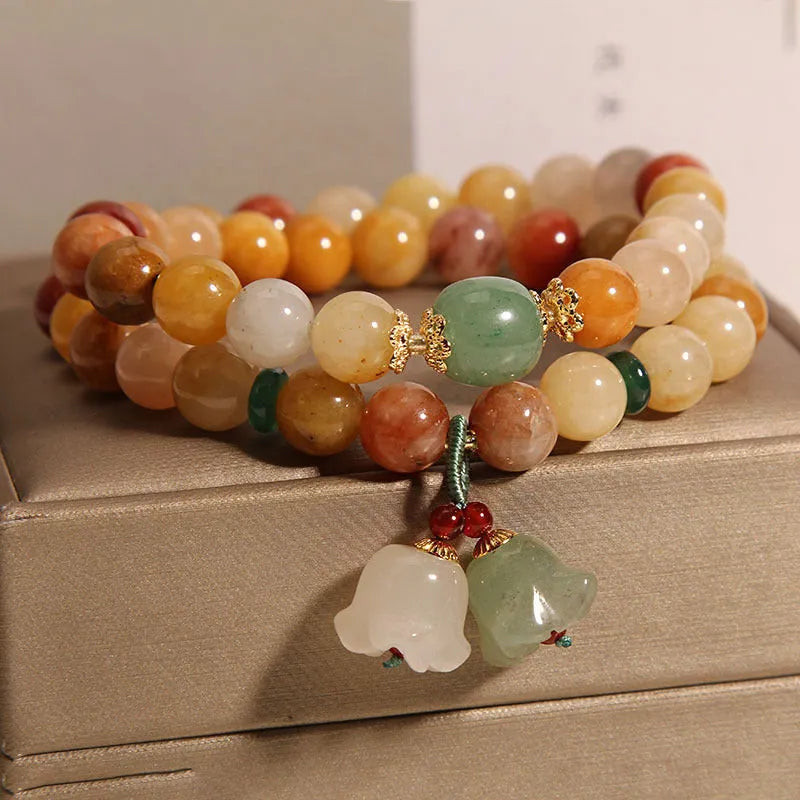 Natural jinsi jade multi-layer women's bracelet with orchid pendant on adjustable beaded design