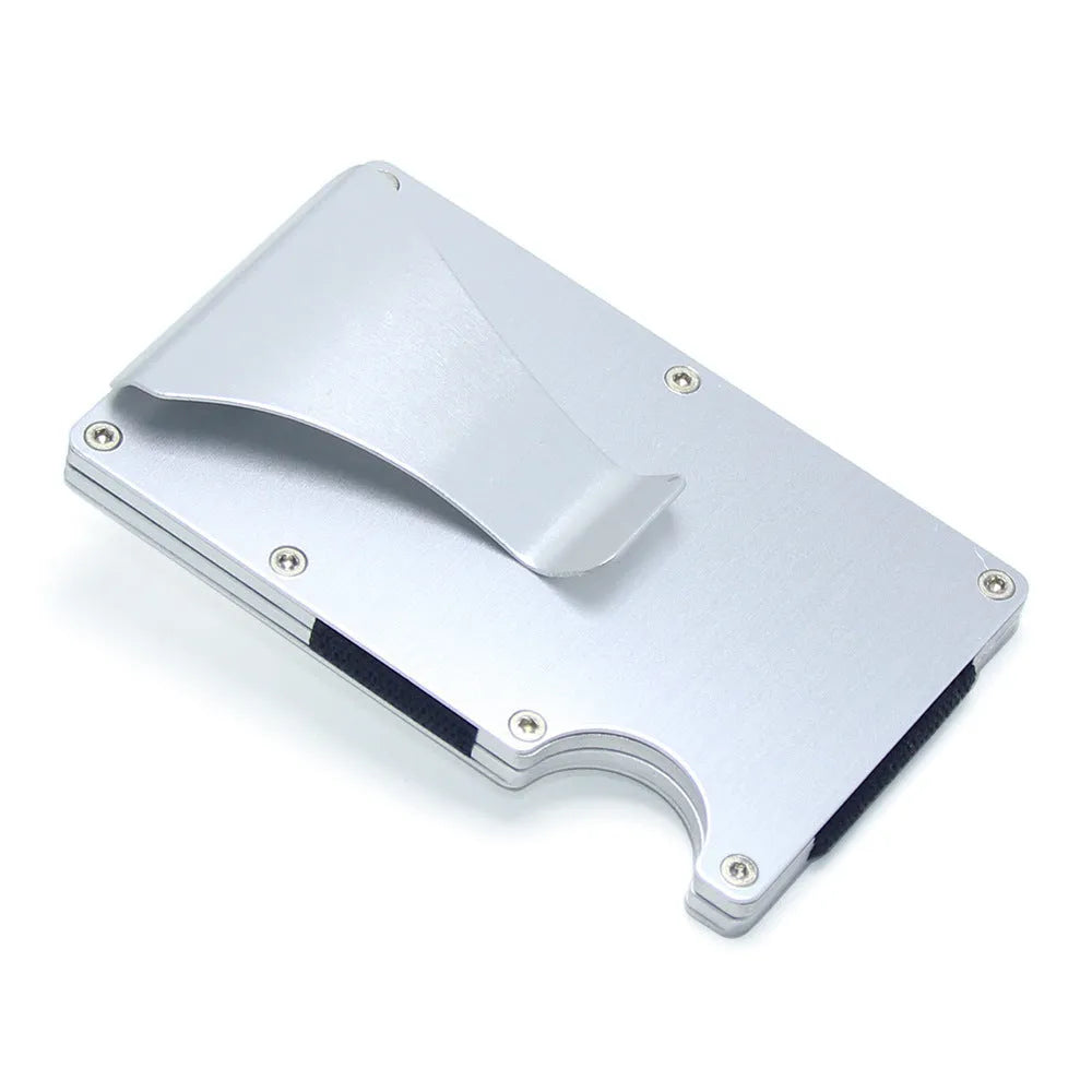 Geometric aluminium and carbon fibre card wallet for business cards and banknotes in a gift box.