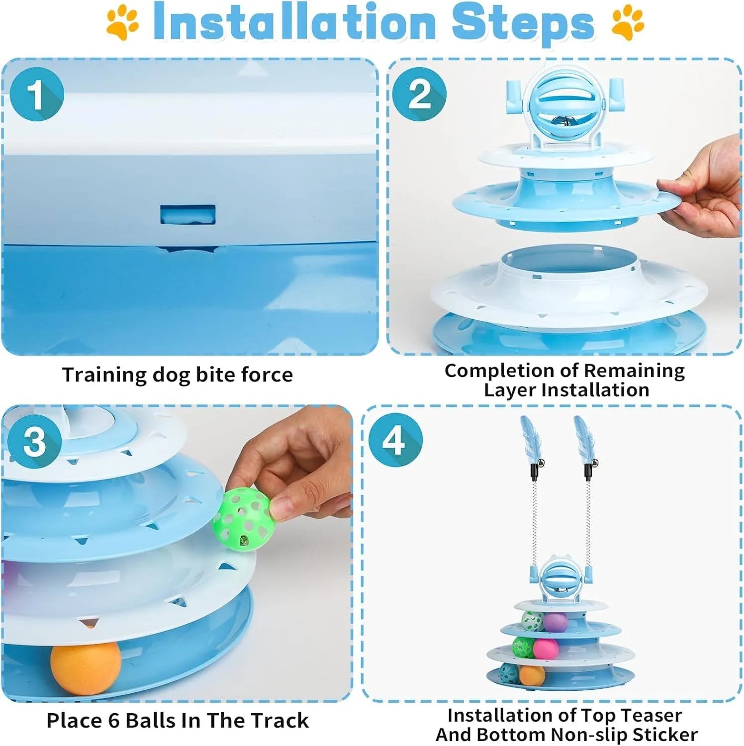 Interactive four-tier carousel cat toy with colourful balls and teasing rods on a non-slip base.