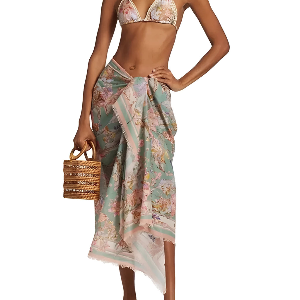 Women's creamy white floral print bikini set with detachable skirt for swimming