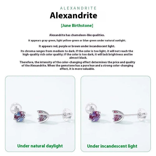 925 sterling silver Alexander stone ear studs with round cultivate alexandrite gemstones