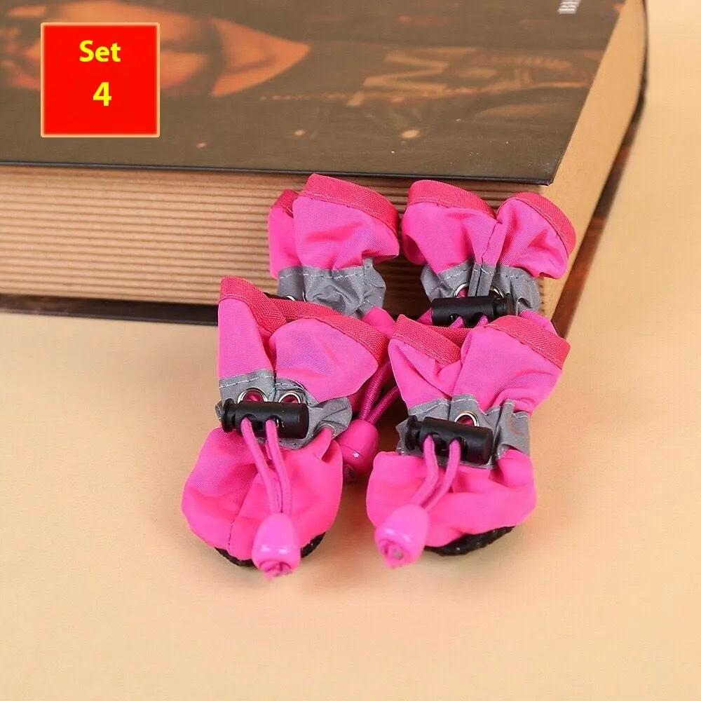 Set of four dog shoes in cloth material with soft soles, shown in multiple colour options including fleece-lined variants