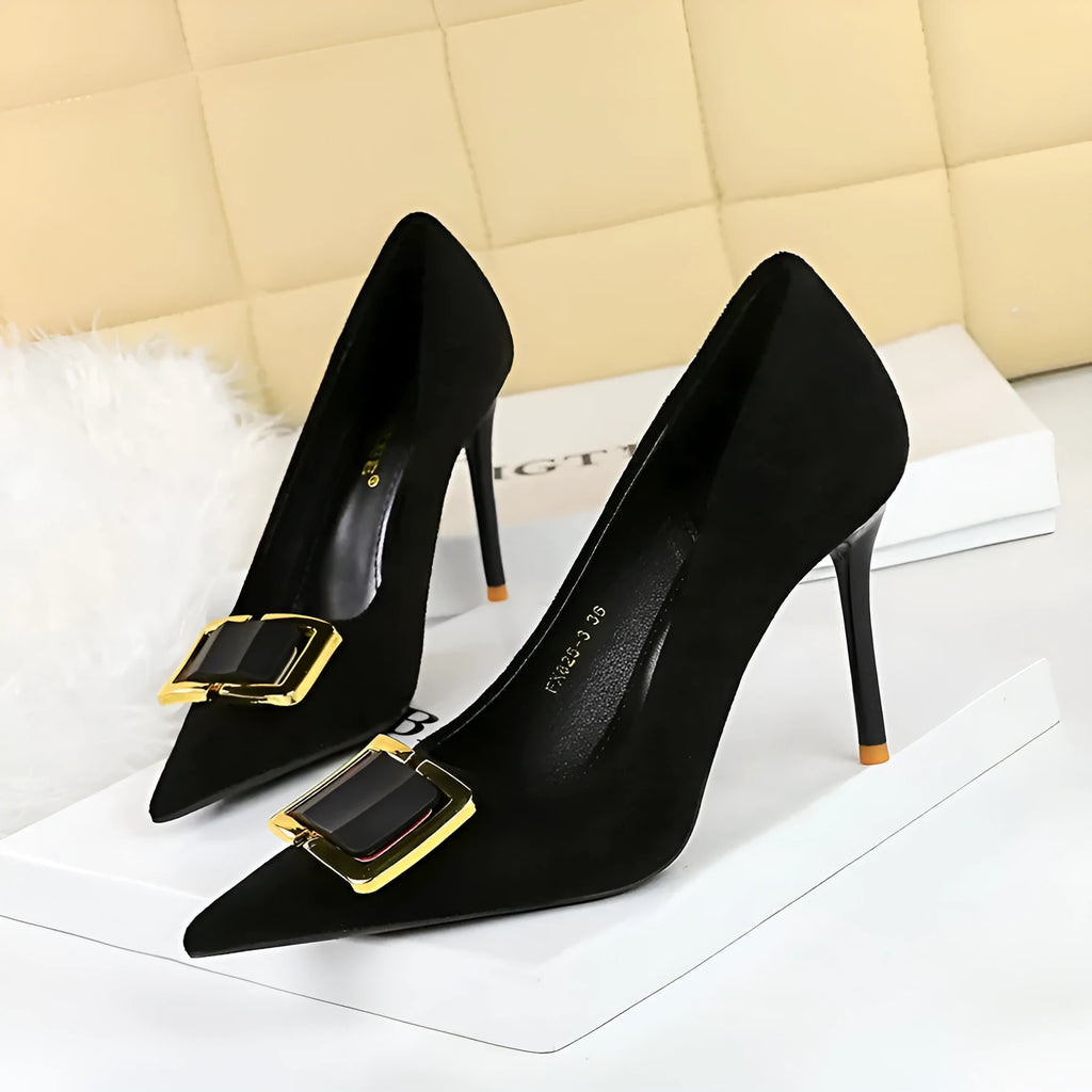 Black suede women's stiletto heels with 9cm heel, pointed toe and shallow mouth opening