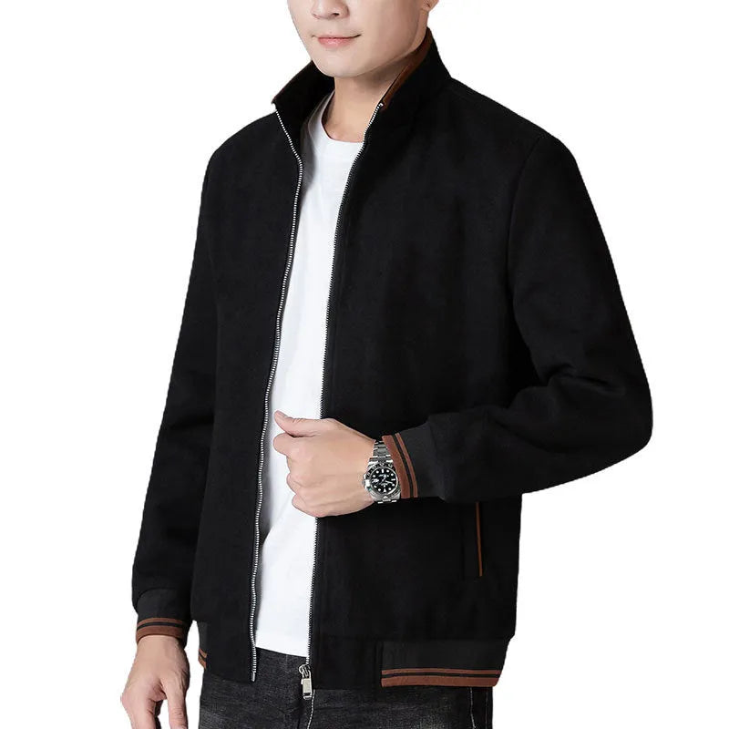 Men's grey sports-style fleece jacket with long sleeves and side pockets on a hanger.