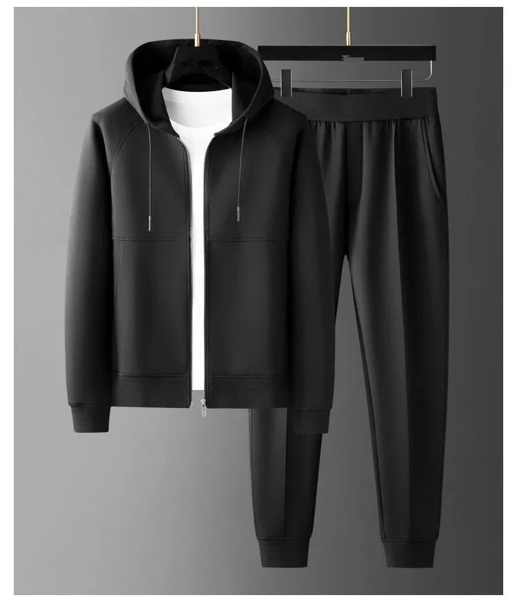 Men's modal cardigan coat with hood, black set, loose fit, wrinkle-free finish