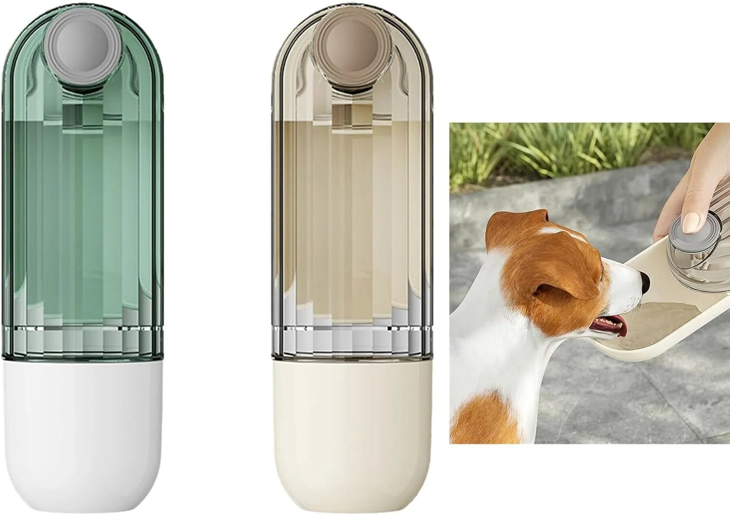 Foldable dog water bottle with food container in beige or green colour, showing drinking tray and dispenser mechanism