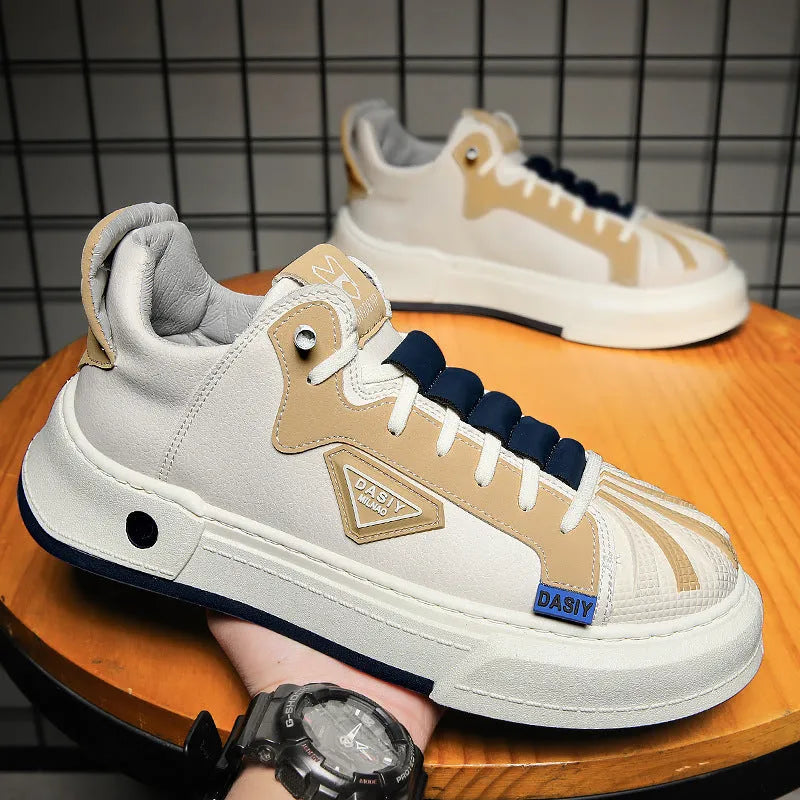 Men's beige low-top sneakers with elastic band and leather stitching details