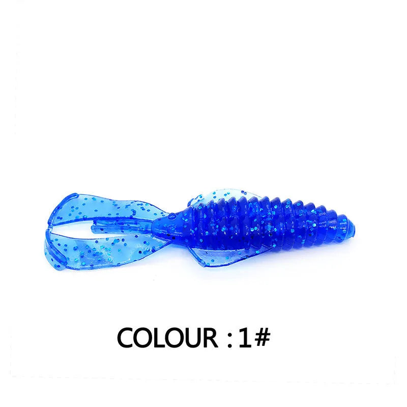 8cm PVC fishing soft bait lure in multiple colour variations against fishing tackle background