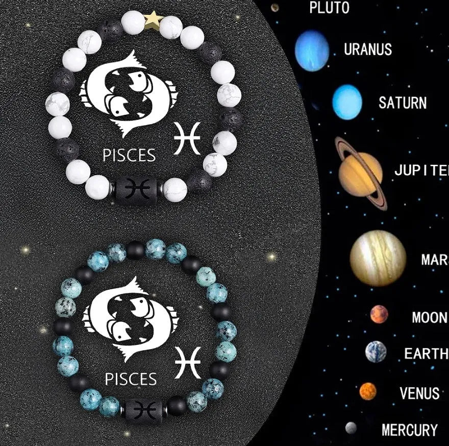 Natural stone beaded zodiac bracelets showing twelve different birth sign designs on elastic cords