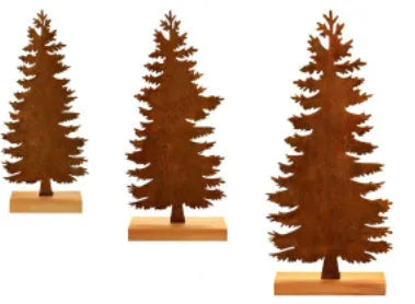 Set of three rusty metal Christmas ornaments featuring elk and tree designs.