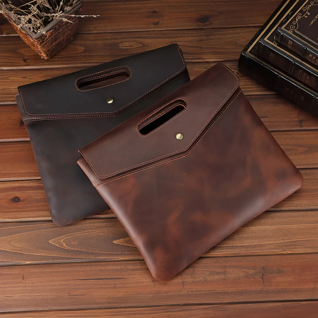 Genuine leather men's vintage business briefcase in brown envelope shape with wrapped closure