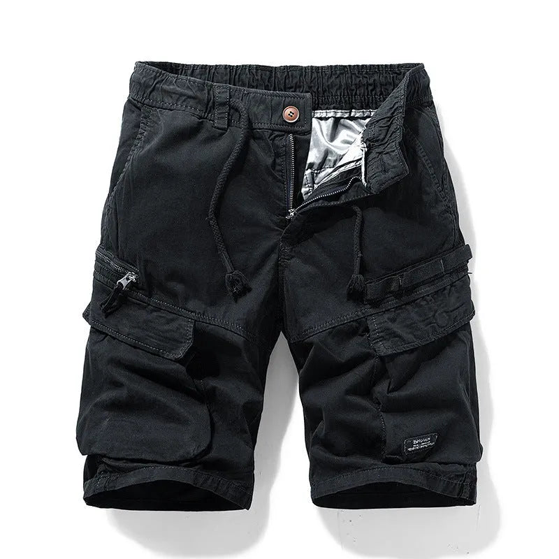Men's cotton multi-pocket shorts in Army Green with zipper details and a Korean-style fifth-pants length.