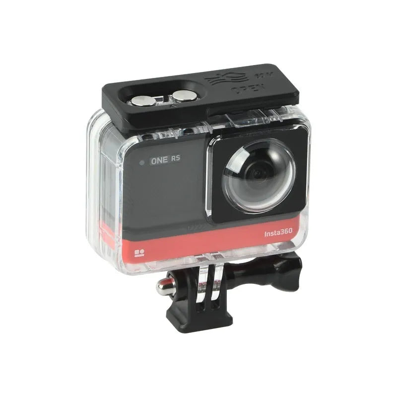 Transparent underwater housing case for Insta360 One RS panoramic camera with dimensions 9x8x4.5 cm